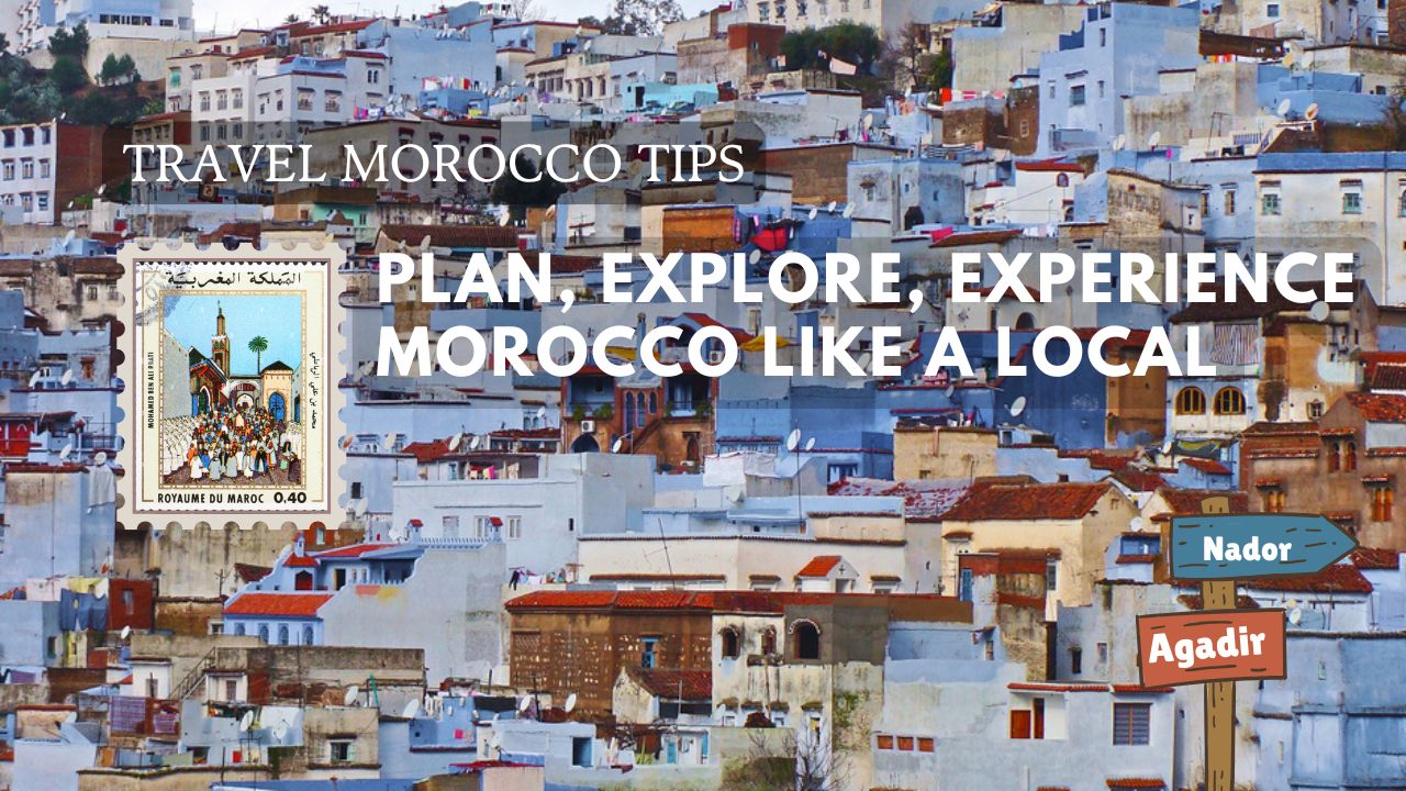Scenic view of a vibrant Moroccan city with traditional architecture, bustling markets, and the Atlas Mountains in the background.