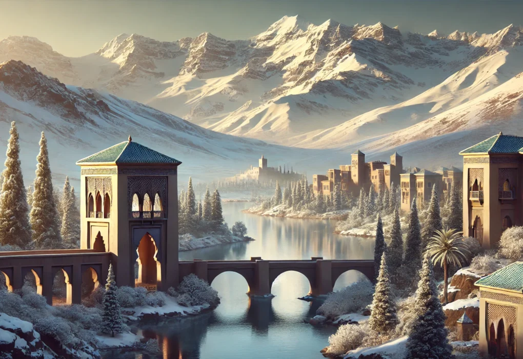 Stunning Moroccan winter landscape featuring majestic mountains and serene lakes with a touch of winter snow.