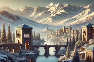 Stunning Moroccan winter landscape featuring majestic mountains and serene lakes with a touch of winter snow.
