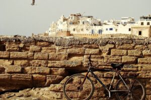 Scenic view of Essaouira, Morocco, showcasing the historic city walls and blue fishing boats at the port.